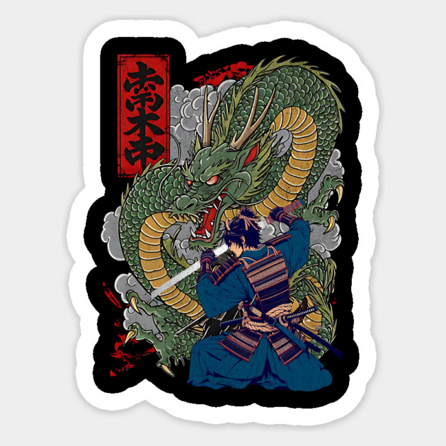 Samurai Warrior Facing Fierce Dragon Japanese Art Design Sticker by Designed By Marty