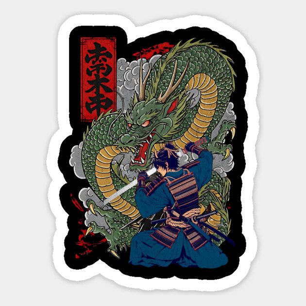 Samurai Warrior Facing Fierce Dragon Japanese Art Design Magnet by Designed By Marty