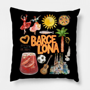 Barcelona Spain Vintage Travel Collage Art Pillow