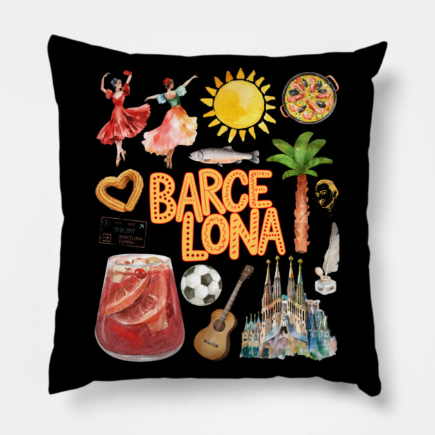Barcelona Spain Vintage Travel Collage Art Pillow by TuncGK