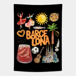 Barcelona Spain Vintage Travel Collage Art Tapestry