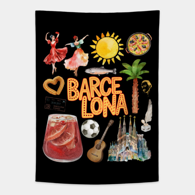 Barcelona Spain Vintage Travel Collage Art Tapestry by TuncGK