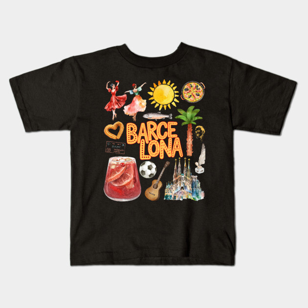 Barcelona Spain Vintage Travel Collage Art Kids T-Shirt by TuncGK
