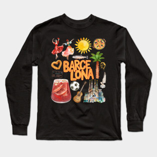 Barcelona Spain Vintage Travel Collage Art Long Sleeve T-Shirt