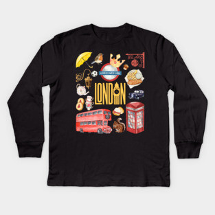 London England Classic Travel Icons Collage Kids Long Sleeve T-Shirt