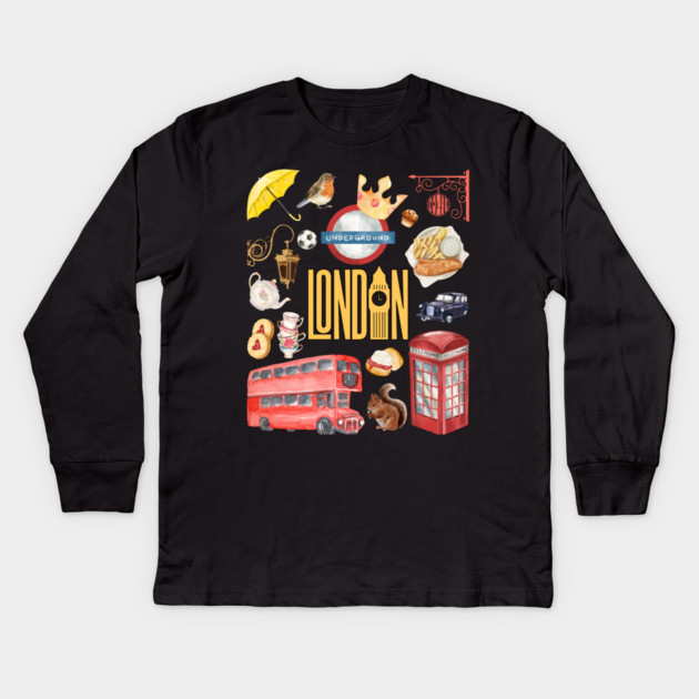 London England Classic Travel Icons Collage Kids Long Sleeve T-Shirt by TuncGK