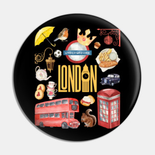 London England Classic Travel Icons Collage Pin