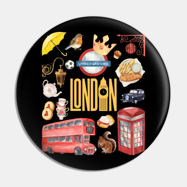 London England Classic Travel Icons Collage Pin by TuncGK