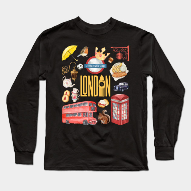 London England Classic Travel Icons Collage Long Sleeve T-Shirt by TuncGK