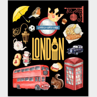 London England Classic Travel Icons Collage Posters and Art
