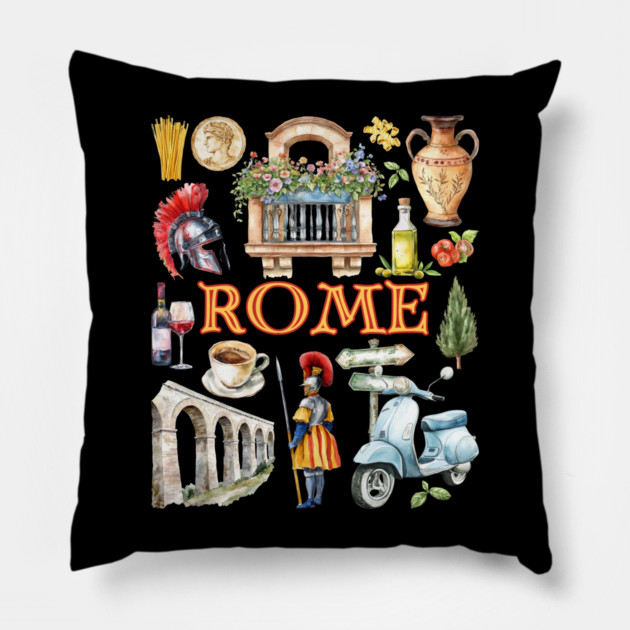 Rome Italy Vintage Travel Collage Design Pillow by TuncGK