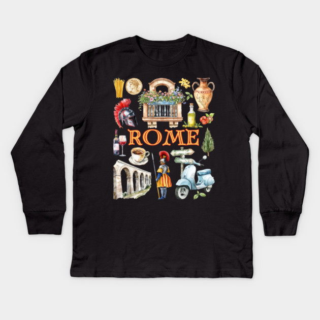 Rome Italy Vintage Travel Collage Design Kids Long Sleeve T-Shirt by TuncGK