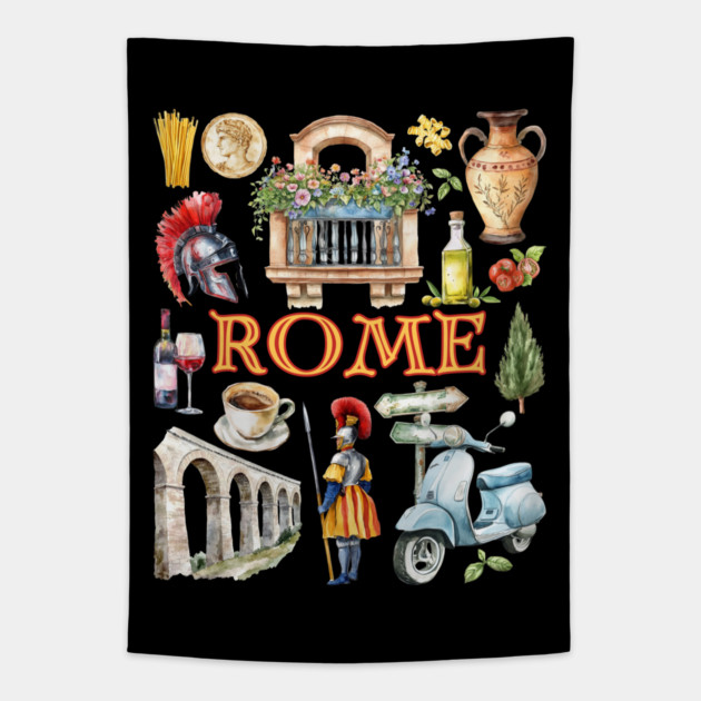 Rome Italy Vintage Travel Collage Design Tapestry by TuncGK