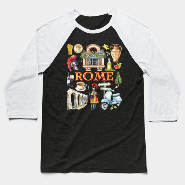 Rome Italy Vintage Travel Collage Design Baseball T-Shirt by TuncGK