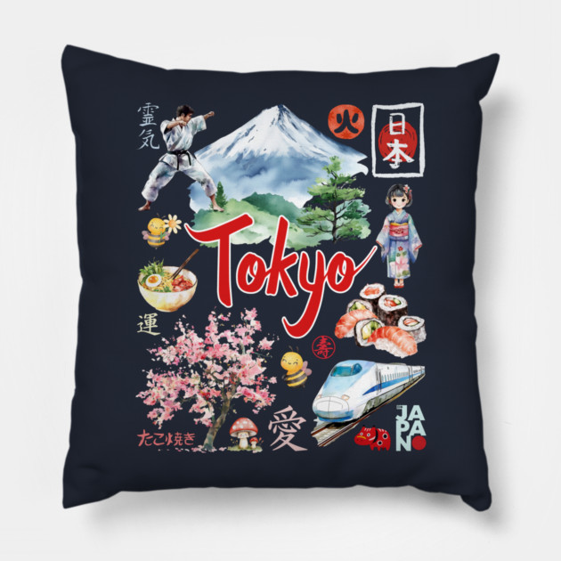 Tokyo Japan Neon and Traditional Aesthetic Collage Pillow by TuncGK