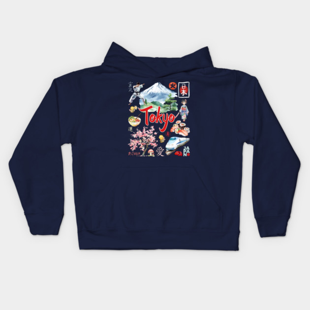 Tokyo Japan Neon and Traditional Aesthetic Collage Kids Hoodie by TuncGK