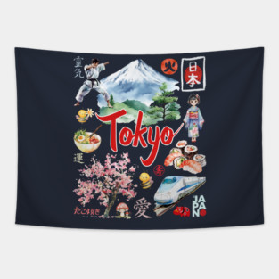 Tokyo Japan Neon and Traditional Aesthetic Collage Tapestry