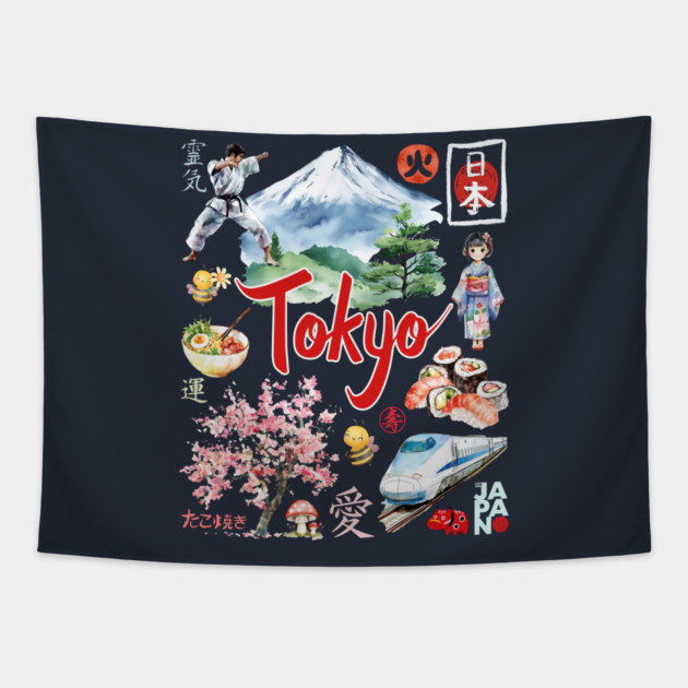 Tokyo Japan Neon and Traditional Aesthetic Collage Tapestry by TuncGK