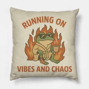 Running on Vibes and Chaos – Funny Retro Frog in Flames Cartoon Design Pillow