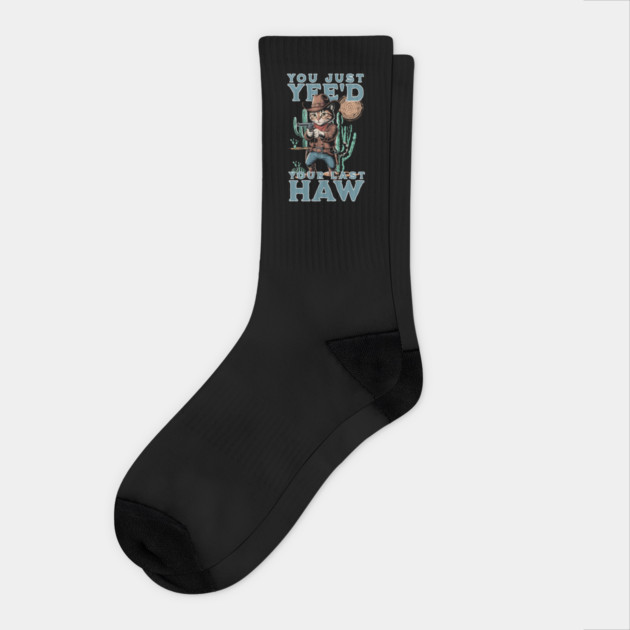 Funny Cowboy Cat Western Pun Design Socks by Designed By Marty