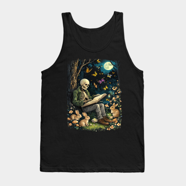 Skeleton reading bedtime stories to friends in the forest under the moon Tank Top by Luxinda