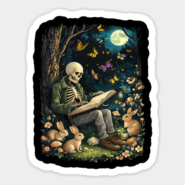 Skeleton reading bedtime stories to friends in the forest under the moon Magnet by Luxinda
