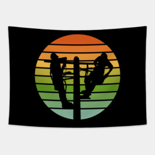 Lineman Repairing Damaged Power Lines Retro Sunset Tapestry