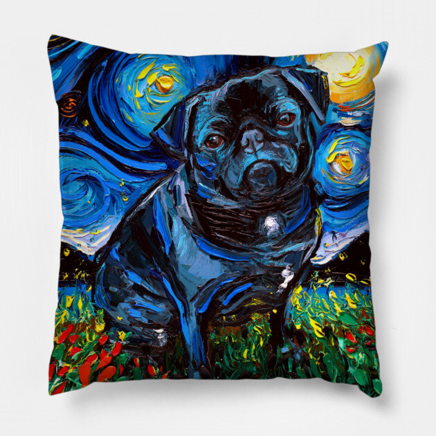Black Pug Night Pillow by sagittariusgallery