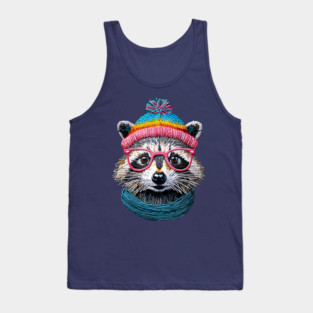 Cute Faux Embroidery Raccoon in Hat Scarf and Pink Glasses Tank Top