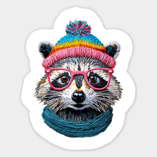 Cute Faux Embroidery Raccoon in Hat Scarf and Pink Glasses Magnet