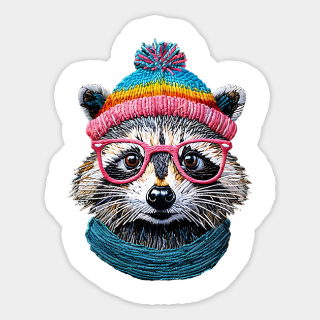 Cute Faux Embroidery Raccoon in Hat Scarf and Pink Glasses Magnet by Luxinda