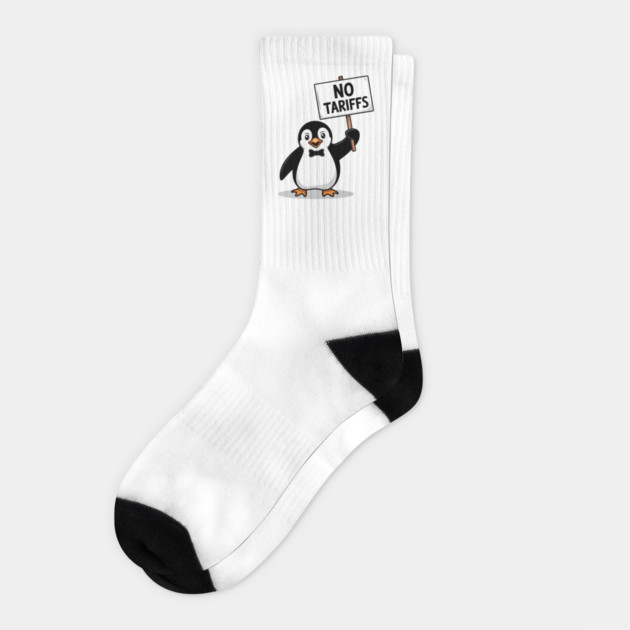Funny Penguin Protest NO TARIFFS, Cute Penguin Holding Sign, Sarcastic Political Meme, Penguin Tax Protest, Animal Humor Design Socks by ArtistTee ⭐⭐⭐⭐⭐