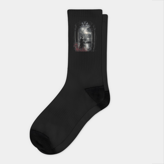 Skeleton Red Flames in Gothic Arch Dark Horror design Socks by Luxinda