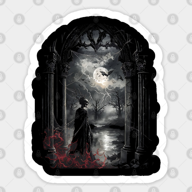 Skeleton Red Flames in Gothic Arch Dark Horror design Sticker by Luxinda
