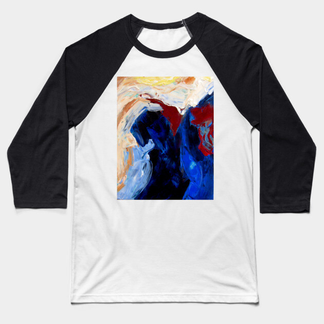 Deep Currents – Bold Abstract Expression in Blue and Crimson Baseball T-Shirt by DonWillisJrArt