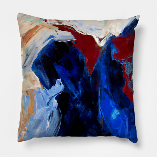 Deep Currents – Bold Abstract Expression in Blue and Crimson Pillow by DonWillisJrArt