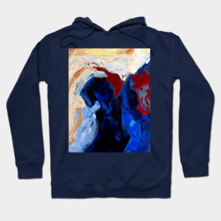 Deep Currents – Bold Abstract Expression in Blue and Crimson Hoodie