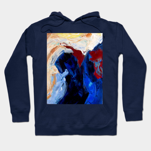 Deep Currents – Bold Abstract Expression in Blue and Crimson Hoodie by DonWillisJrArt