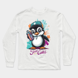 Street Cuddles Graffiti Penguin - Urban Art Style Cute Streetwear Animal Design Long Sleeve T-Shirt