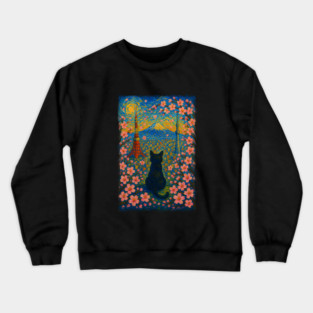 Black Cat in Tokyo City Japan - Starry Night Crewneck Sweatshirt