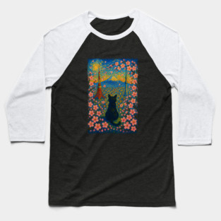 Black Cat in Tokyo City Japan - Starry Night Baseball T-Shirt