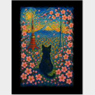 Black Cat in Tokyo City Japan - Starry Night Posters and Art