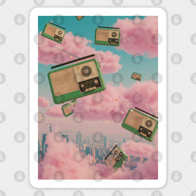 Retro Radios Floating in the Sky Sticker by Megadorim