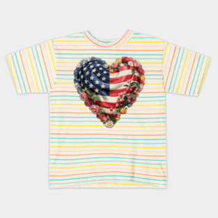 USA Heart Flag T-Shirt with Flowers – 4th of July Patriotic Floral Design Kids T-Shirt