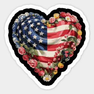 USA Heart Flag T-Shirt with Flowers – 4th of July Patriotic Floral Design Sticker