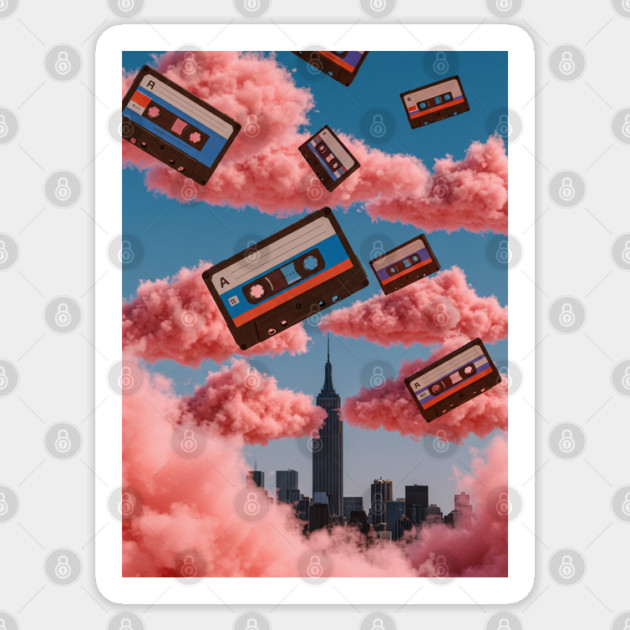 Retro Cassettes Floating in the Sky Sticker by Megadorim