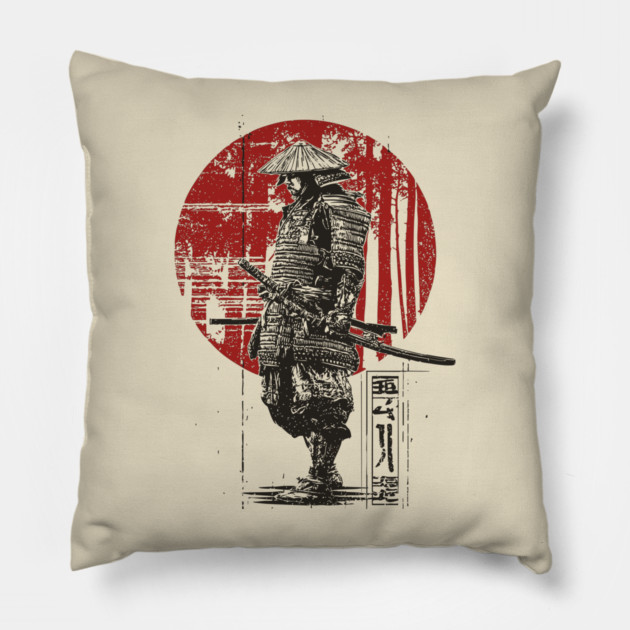 Lone Samurai Warrior in Red Circle Pillow by TuncGK