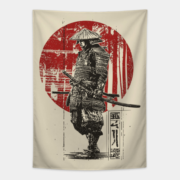 Lone Samurai Warrior in Red Circle Tapestry by TuncGK