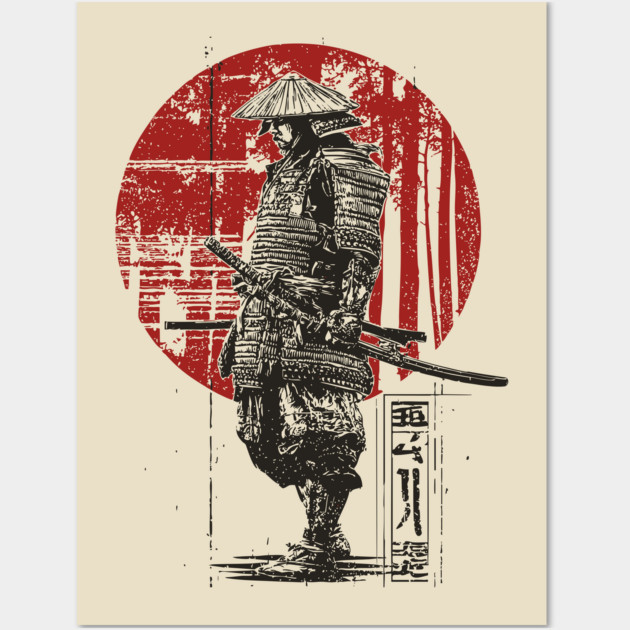Lone Samurai Warrior in Red Circle Wall Art by TuncGK