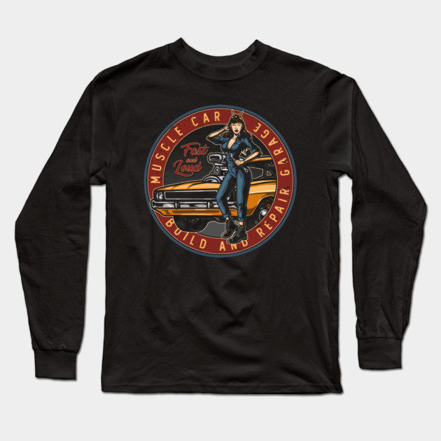 Muscle Car Garage Long Sleeve T-Shirt by Timeless Chaos